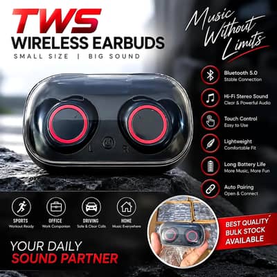 TWS Bluetooth Earbuds – Touch Control, Deep Bass, Charging Case