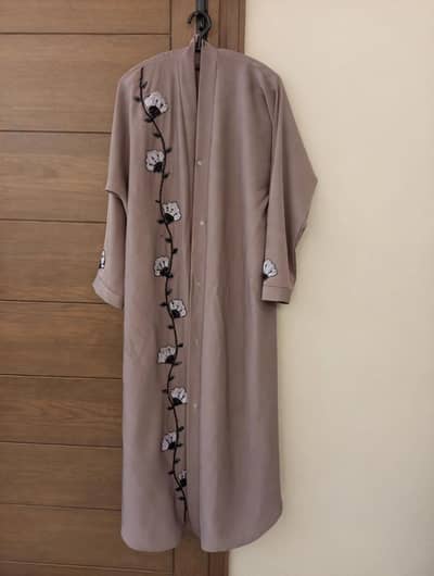 Light Brown- Embroidered Abaya - Floral Sequence Work - Front Open