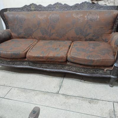 Used Carved Wooden Sofa Set | 3 Seater + 2 Single Sofas