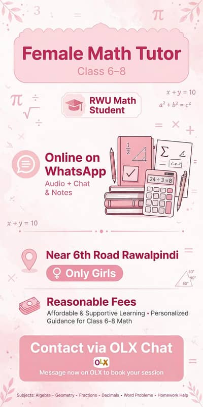 Female Math Tutor class 6 -8 -Rwu student  -Online