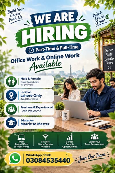 2) OFFICE WORK AND PART TIME WORK AVAILABLE FOR MALES AND FEMALES