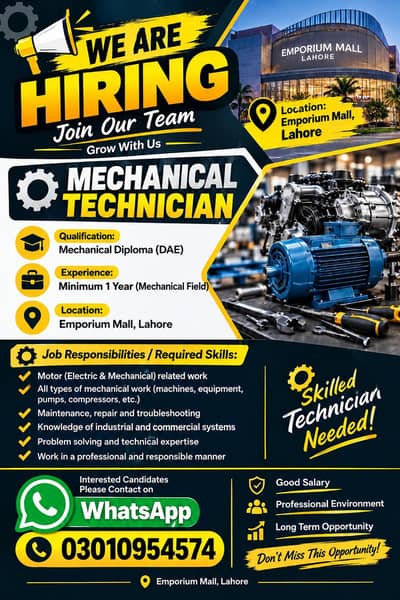 Mechanical Technician | Urgent Required | Male Staff | Jobs in Lahore
