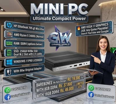 Hp EliteDesk 705 g5 Mini 65w Ryzen 5 3400G Vega 11 Graphics 2Gb
