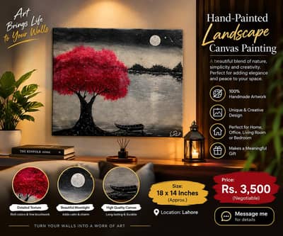 Hand-Painted Landscape Canvas | Red Tree & Moon Wall Art