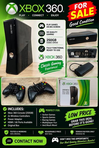 Xbox 360 Slim 250GB | 2 Controllers | Original Box | Lahore