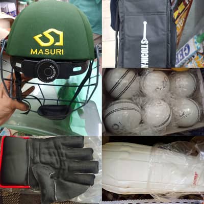 Cricket keeping Pads. Keeping Gloves. cricket helmet. Kit bag Hard Ball