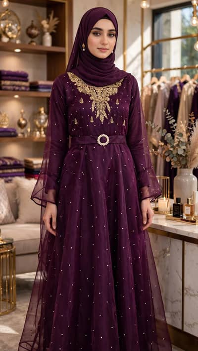 purple tissue maxi frock with pearl belt _size M . Hassan brand