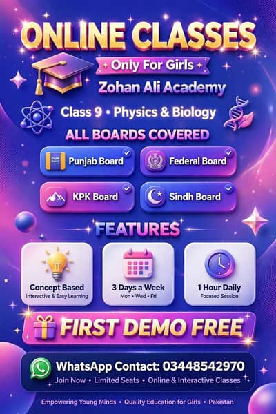 Only for ghilrs FCS class 11 12biology and physics  academy Lahore
