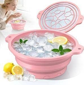 T  Silicone Ice Cube Bowl for Ice Facial & Cold Therapy, Foldable Facial Ice Bath with Built-in Icetray