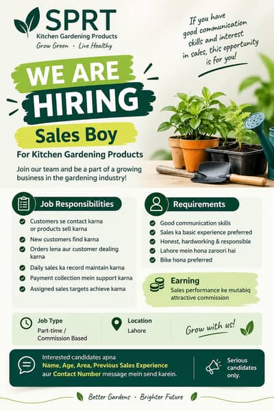 Sales Boy Required – Kitchen Gardening Products