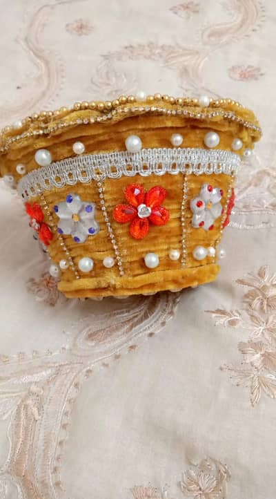 Handmade fancy wooden basket - moti flower work - for gift