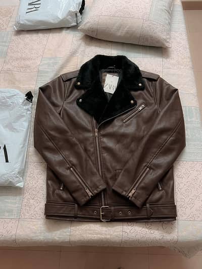Leather Jacket with Fur Collar Dark Brown Description: