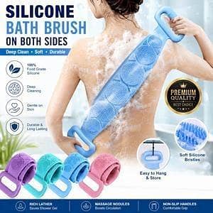 T  Silicone Back Scrubber for Shower – Double-Sided Exfoliating Body Brush Belt, Deep Clean Body Cleaner, Dead Skin Remover, Silicone Loofah Bath Belt with Long Handle, Massage Shower Scrubber for Men & Women