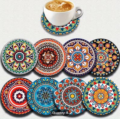 A Set of 8 Heat-Resistant Synthetic Wood Coasters with Mandala