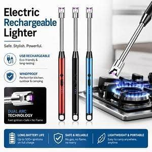 T  Rechargeable Electric USB Arc Lighter – Windproof Flameless Lighter with LED Battery Display & Flexible Long Neck | USB Charging Lighter for Candles, Gas Stove, BBQ Grill, Kitchen, Camping & Outdoor Use