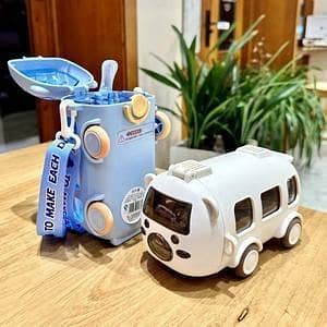T  Imported 500ML Kids Bus Shape Water Bottle – BPA Free Leakproof Straw Sipper Bottle with Lock & Shoulder Strap, Cute Cartoon School Drinking Bottle for Boys & Girls, Portable Water Bottle