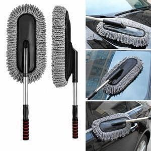 T  Car Wash Cleaning Brush with Microfiber Mop – Telescopic Long Handle Dusting Tool, Scratch-Free Car Duster, Auto Cleaning Wax Brush for Interior & Exterior Use