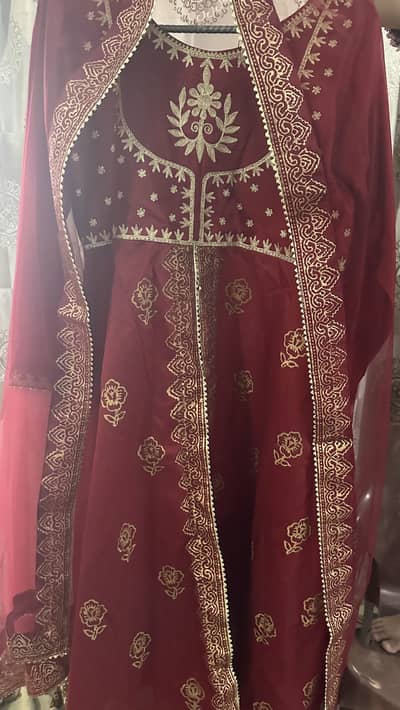 Maroon Raw Silk Formal Frock | Lehnga & Net Dupatta