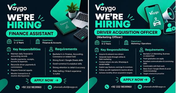 Finance Assistant | Driver Acquisition Officer | Jobs