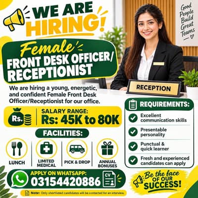 Female Front Desk Officer Receptionist Job