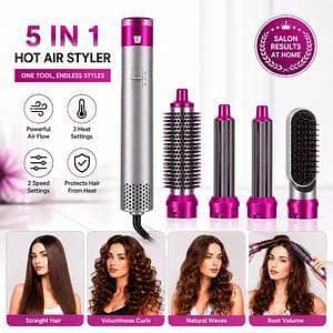 T  5-in-1 Professional Hair Styler & Hot Air Brush – Multi-Function Hair Dryer, Curler, Straightener & Volumizer Styling Tool for Women | Interchangeable Salon Styling Attachments for Blow Dry, Curling & Hair Smoothing