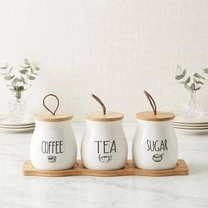T  Ceramic Tea Coffee Sugar Jars Set with Wooden Tray