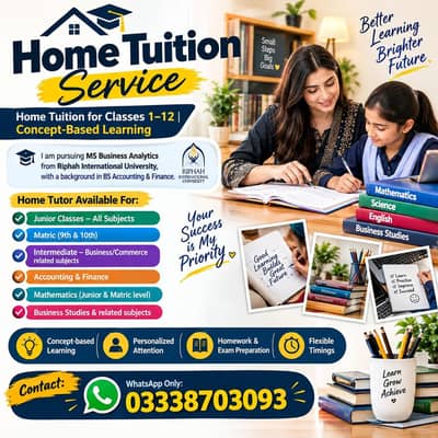 Home Tutor Available for Class 1-12, Matric,Fsc/Commerce & University