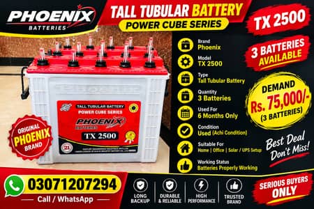 Phoenix TX 2500 Tall Tubular Batteries – 3 Batteries – 6 Months Used