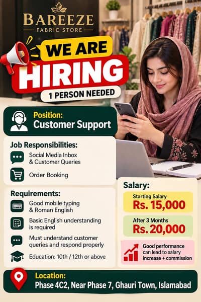 Customer Support – Social Media & Order Booking | 1 Person Required