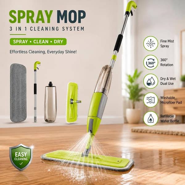 T  360° Rotating Water Spray Flat Mop with Refillable Bottle – Microfiber Floor Cleaning Spray Mop for Kitchen, Bathroom & Home | Multi-Surface Washable Flat Mop with No Bucket Needed Cleaning System