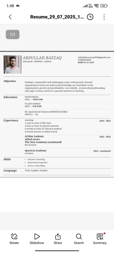 Agriculture officer n bio lecturer