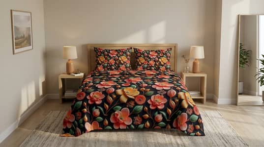 3D Floral Embossed King Size Bedsheet Set with 2 Pillowcases