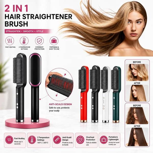 T  2-in-1 Electric Hair Straightener & Curler Comb – Fast Heating Styling Brush for Straightening & Curling Hair | Portable Hair Styling Comb for Smooth Straight & Curly Hair (Women)