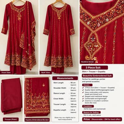 Beautiful Maroon 3 Piece Embroidered Suit – Excellent Condition