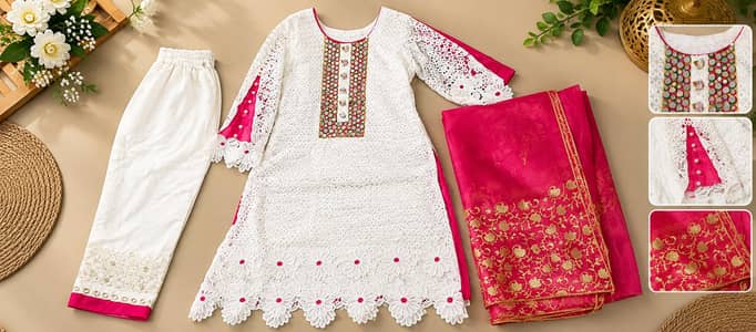 3 Piece Ladies Suit – White & Pink Embroidered – Used Good Condition