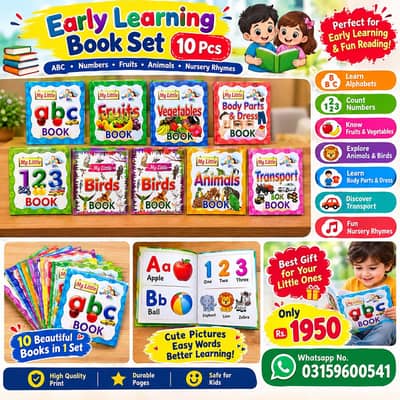 Early Learning Book Set 10 Pcs Abc Numbers Fruits Animals Nursery R