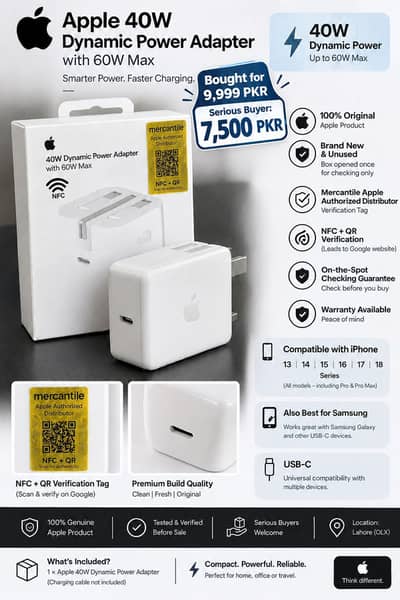  Apple 40W Dynamic Power Adapter 60W Max | 100% Original WITH NFC TAG