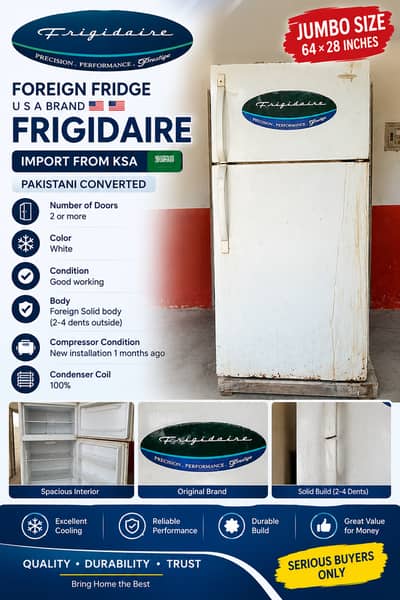 Foreign Fridge USA Frigidaire – Jumbo Size 64×28 Inches | WORKING