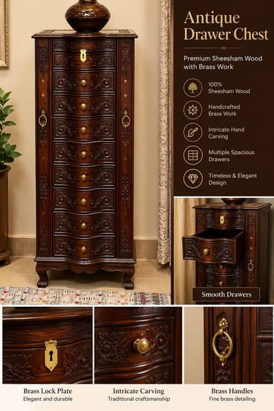 Pure Sheesham Wood Chester Drawer wiyh Brass cravings