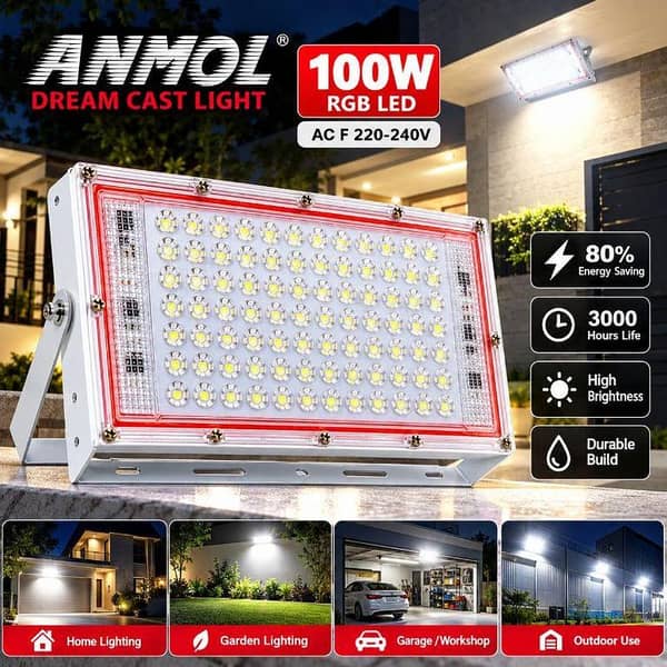 ANMOL 100W RGB LED Flood Light AC 220-240V Waterproof Outdoor Spotlight with Adjustable Bracket for Garden, Wall, Garage & Home