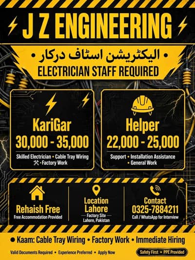 Electrician KariGar 35000 Helper 25000 - J Z ENGINEERING Lahore