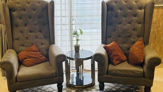 Pre-Loved Grey Velvet High Back Sofas Pair