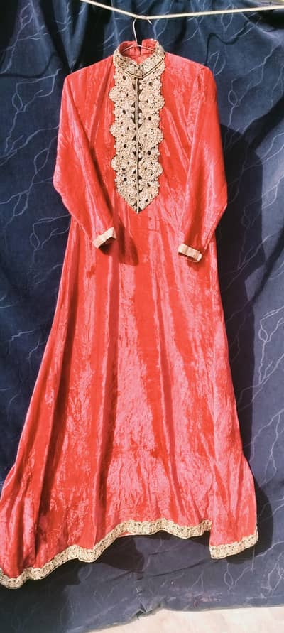 Beautiful Red Wedding Maxi with Golden Embroidery | Party Wear
