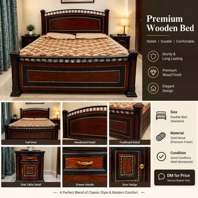 Wooden Double Bed with Mattress – Elegant Classic Design