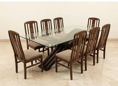 8-Chair Dining Table Set with Glass Top & Wood Base ​Description: