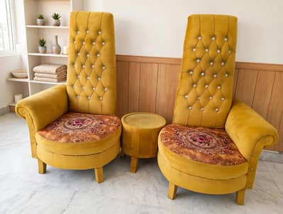 High Back Bedroom Chairs Pair With Stool-Mustard velvet
