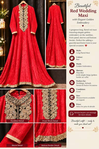 Beautiful Red Wedding Maxi with Golden Embroidery | Party Wear