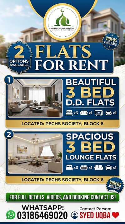 FLaTs For RenT 2 Opetions PECHS Society BLocK 6 Beautiful 3 Bed D. D 3 Bed Lounge Car Parking Or Full Details K Liye WhATsapp Contact