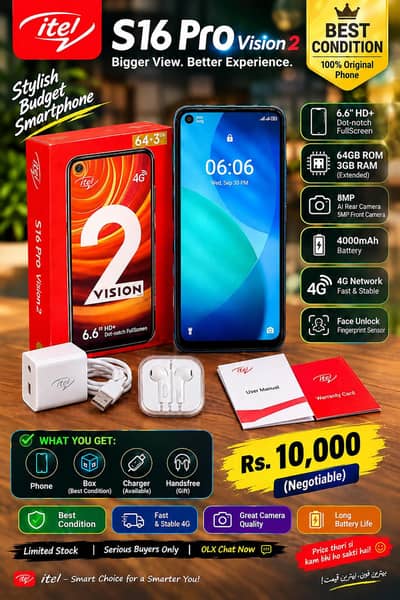Itel s16 pro vision 2 box open phone Best condition