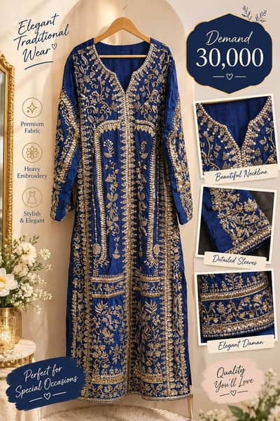 Elegant Navy Blue Embroidered Traditional Dress – Heavy Gold Work